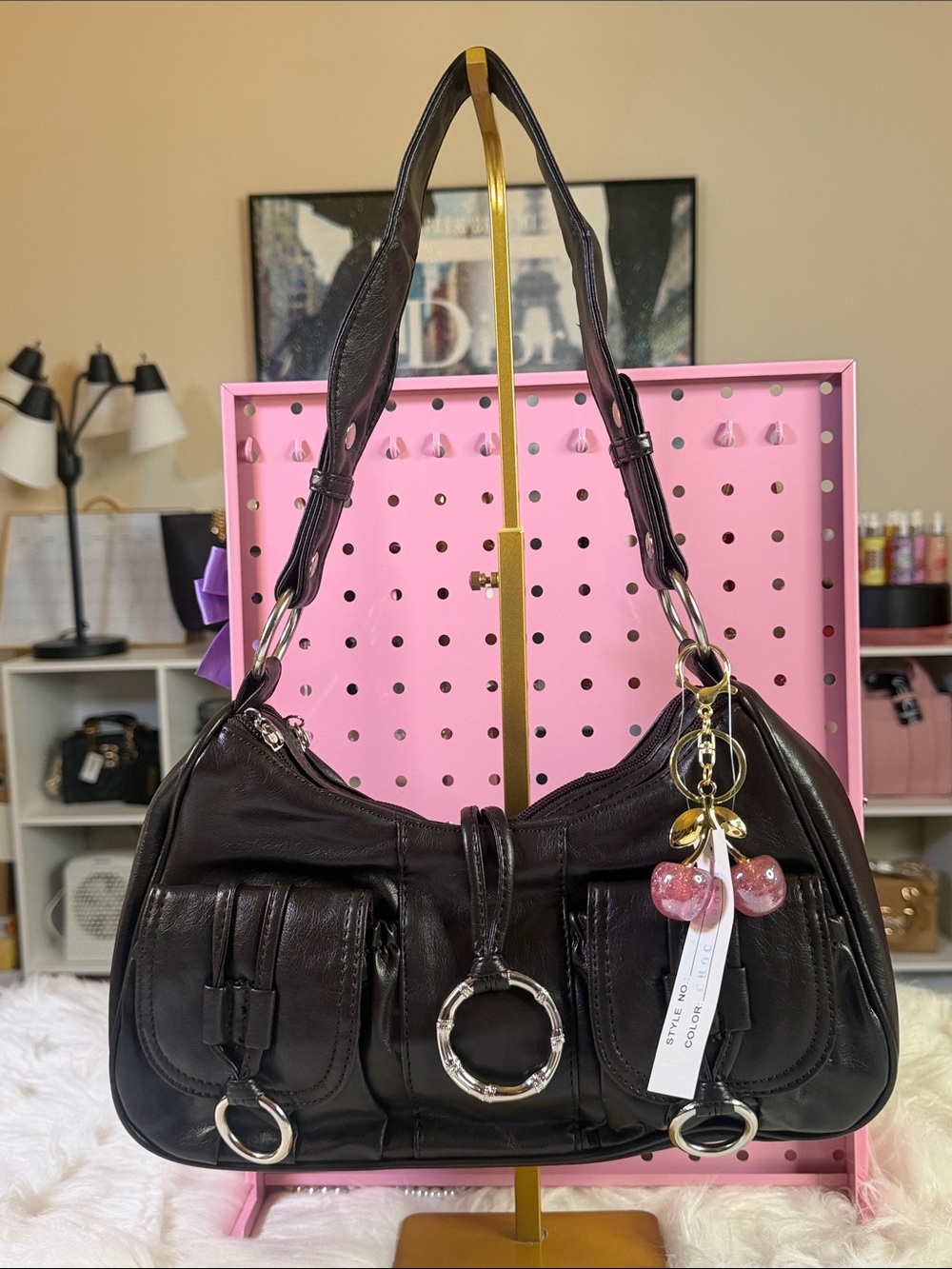 Dark Brown Leather Shoulder Bag with Charm
